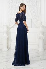 Scoop Short Sleeves Beaded Lace Party Prom Dress