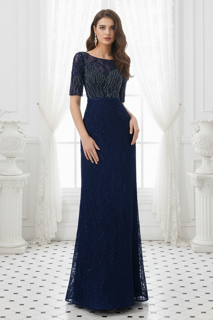 Scoop Short Sleeves Beaded Lace Party Prom Dress