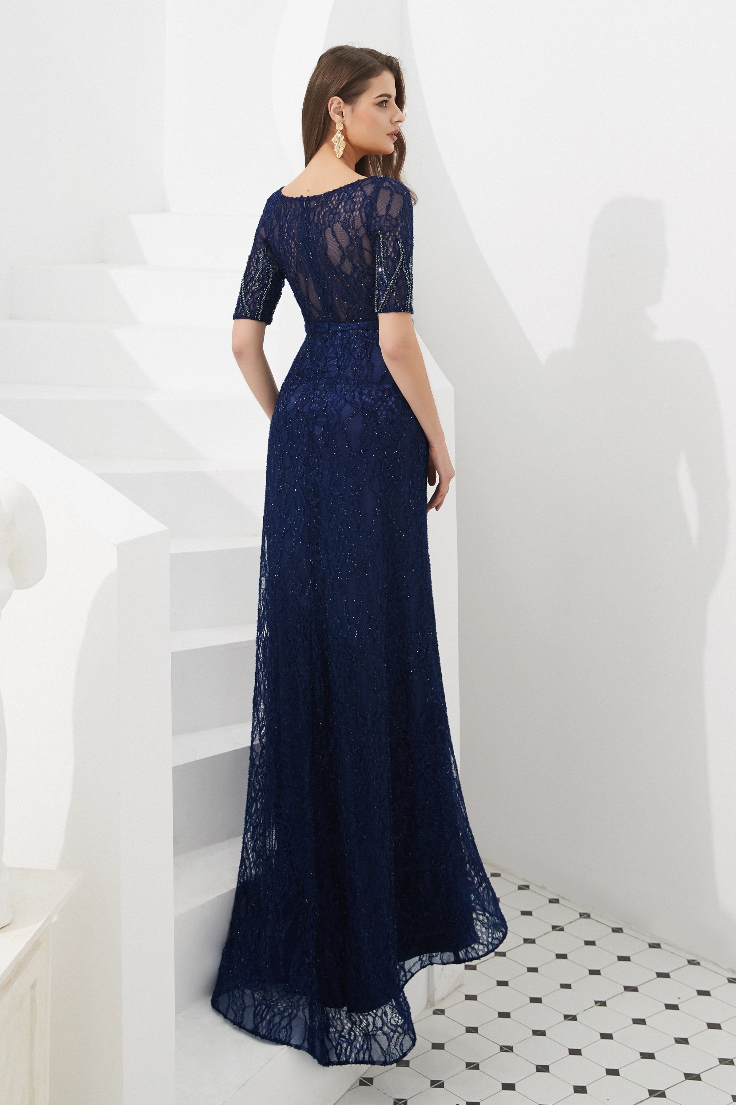 Scoop Short Sleeves Beaded Lace Party Prom Dress