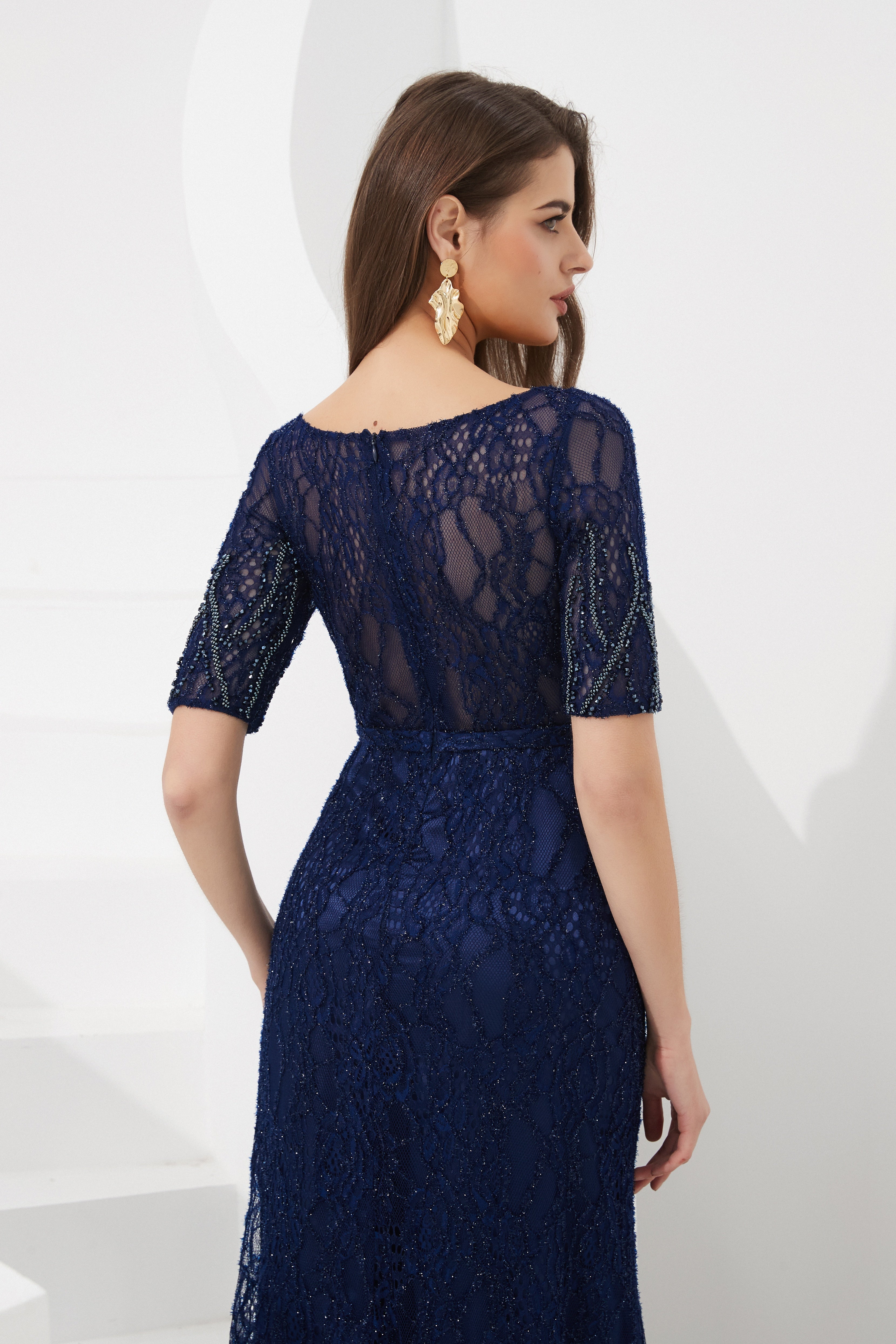 Scoop Short Sleeves Beaded Lace Party Prom Dress