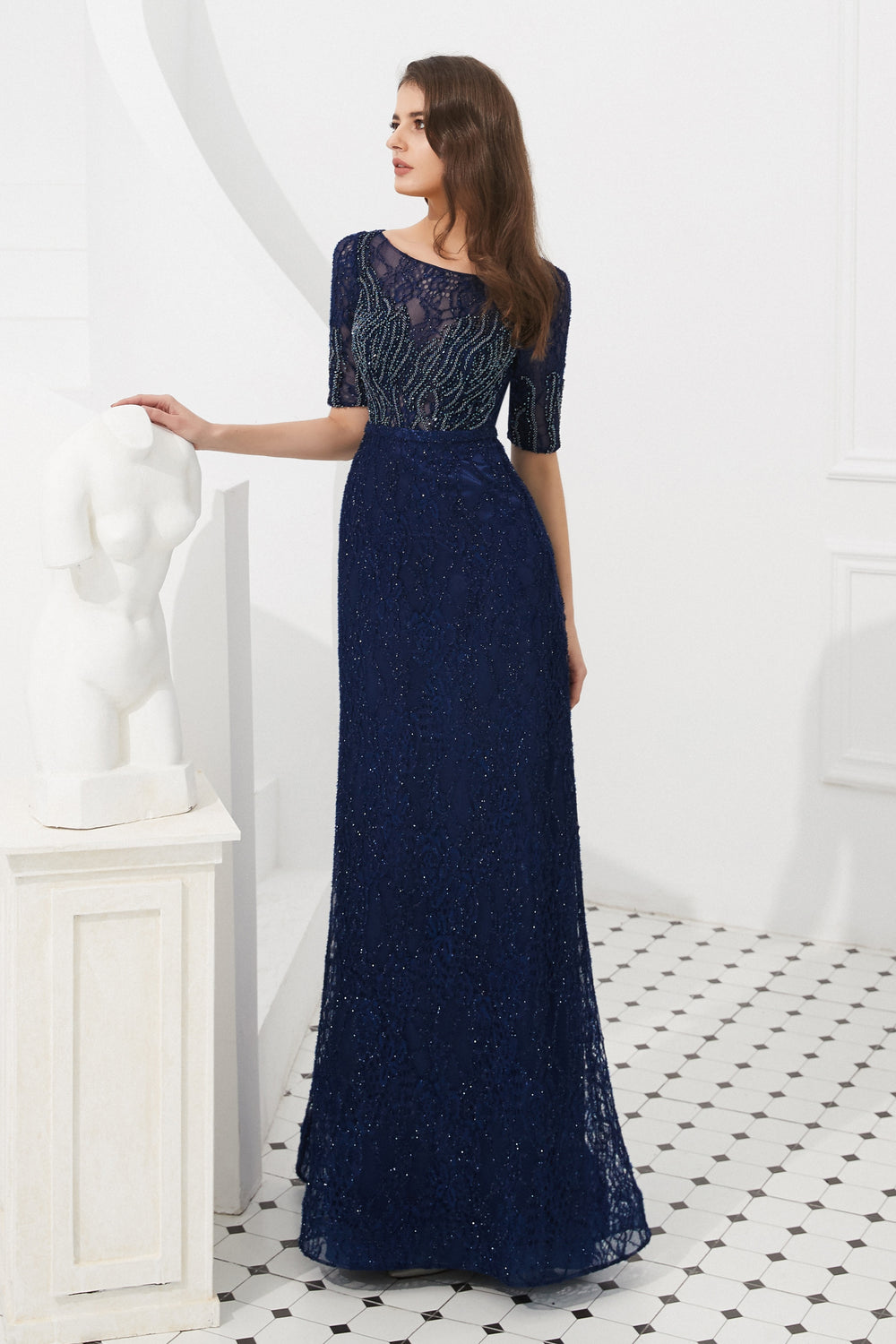 Scoop Short Sleeves Beaded Lace Party Prom Dress