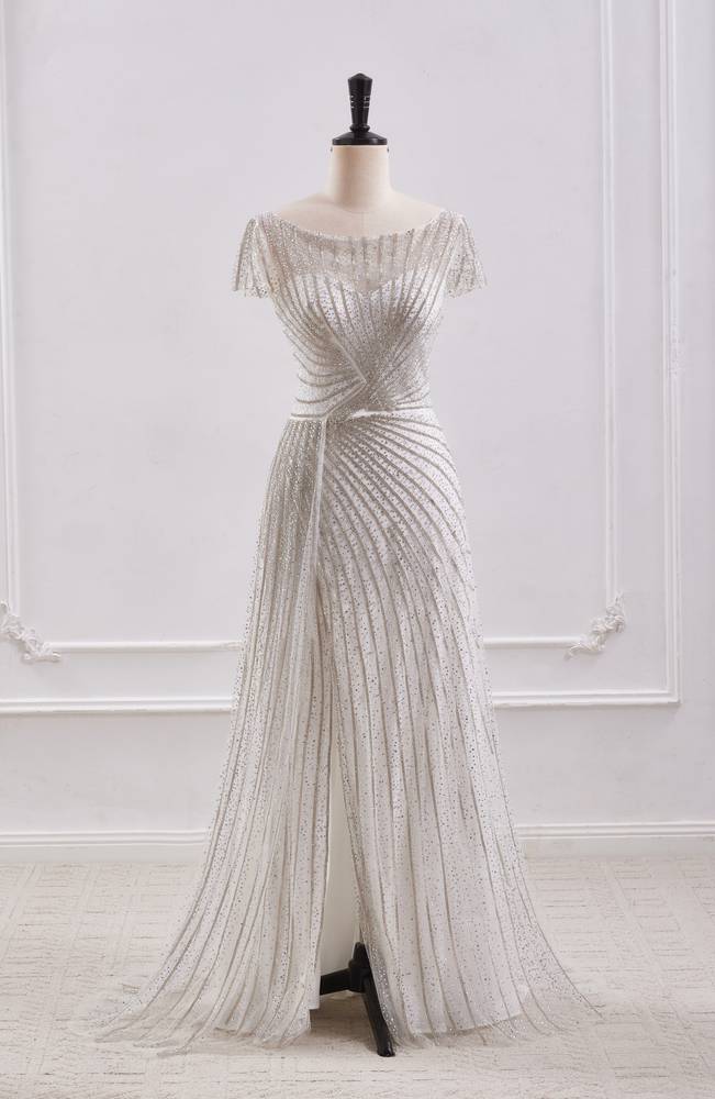 Scoop Short Sleeves Empire A-Line Beaded Prom Dress With Slit