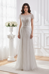 Scoop Short Sleeves Empire A-Line Beaded Prom Dress With Slit