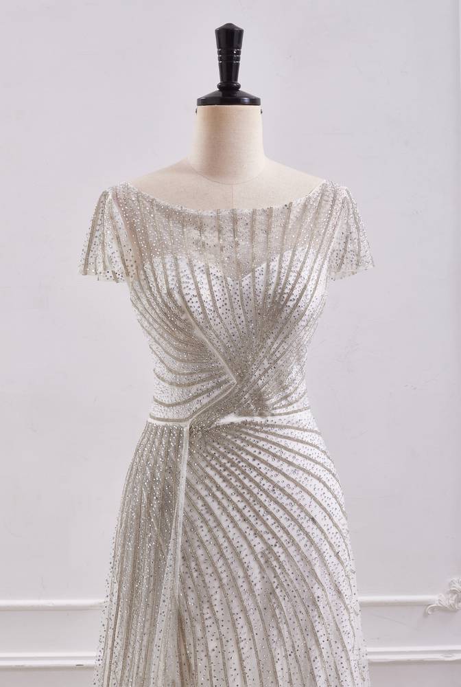 Scoop Short Sleeves Empire A-Line Beaded Prom Dress With Slit