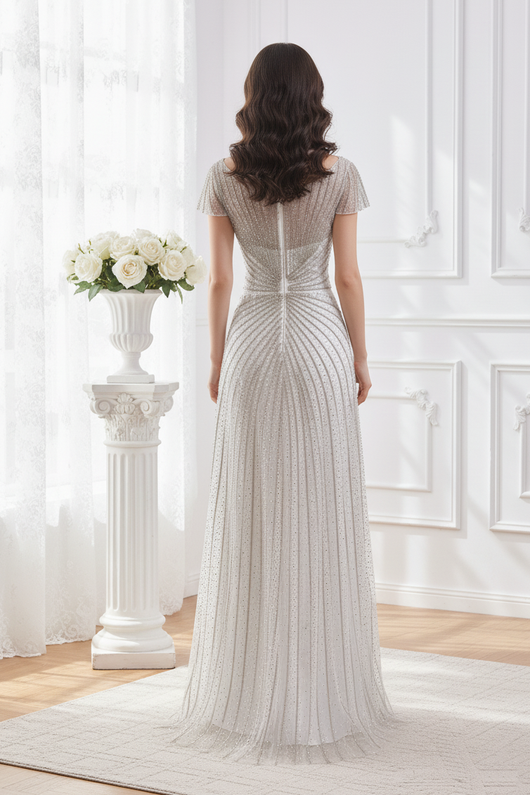 Scoop Short Sleeves Empire A-Line Beaded Prom Dress With Slit