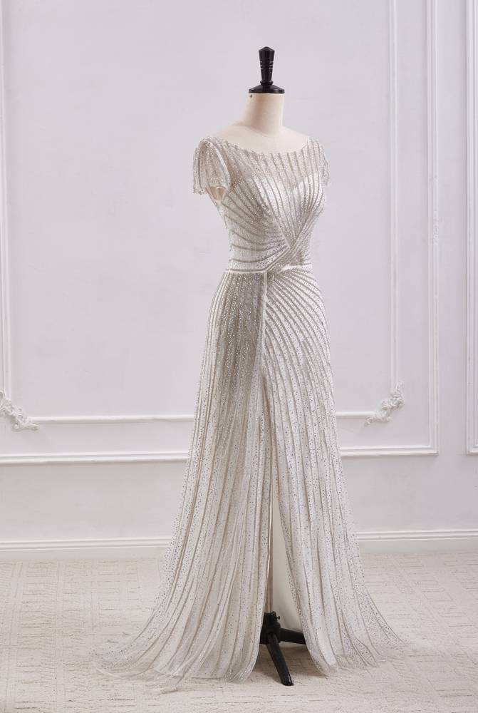 Scoop Short Sleeves Empire A-Line Beaded Prom Dress With Slit