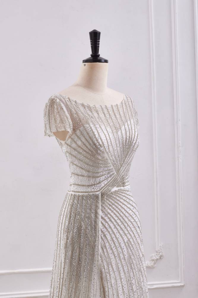 Scoop Short Sleeves Empire A-Line Beaded Prom Dress With Slit