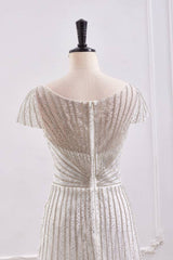 Scoop Short Sleeves Empire A-Line Beaded Prom Dress With Slit