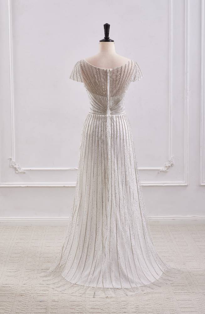 Scoop Short Sleeves Empire A-Line Beaded Prom Dress With Slit