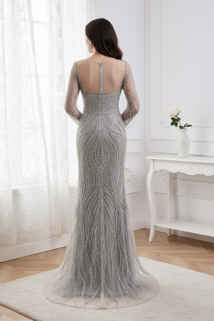 High Neck Long Sleeves Fully Beaded Mermaid Party Prom Dress