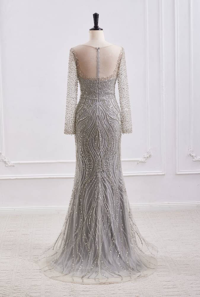 High Neck Long Sleeves Fully Beaded Mermaid Party Prom Dress