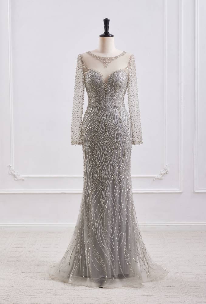 High Neck Long Sleeves Fully Beaded Mermaid Party Prom Dress