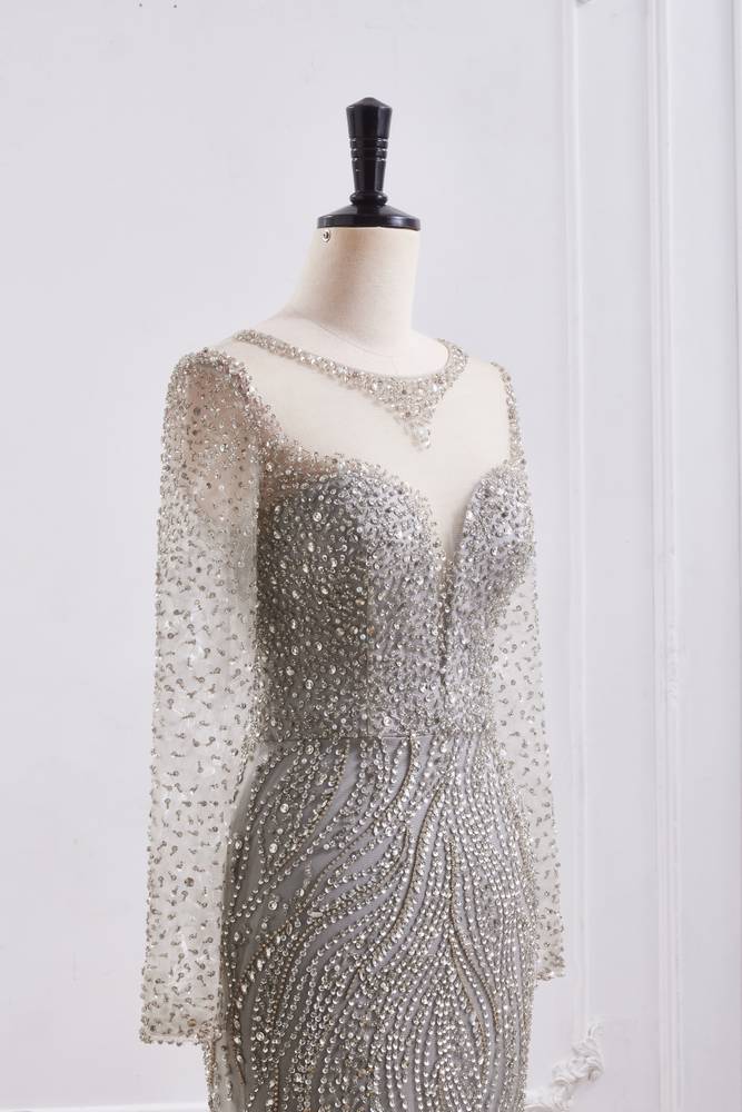 High Neck Long Sleeves Fully Beaded Mermaid Party Prom Dress