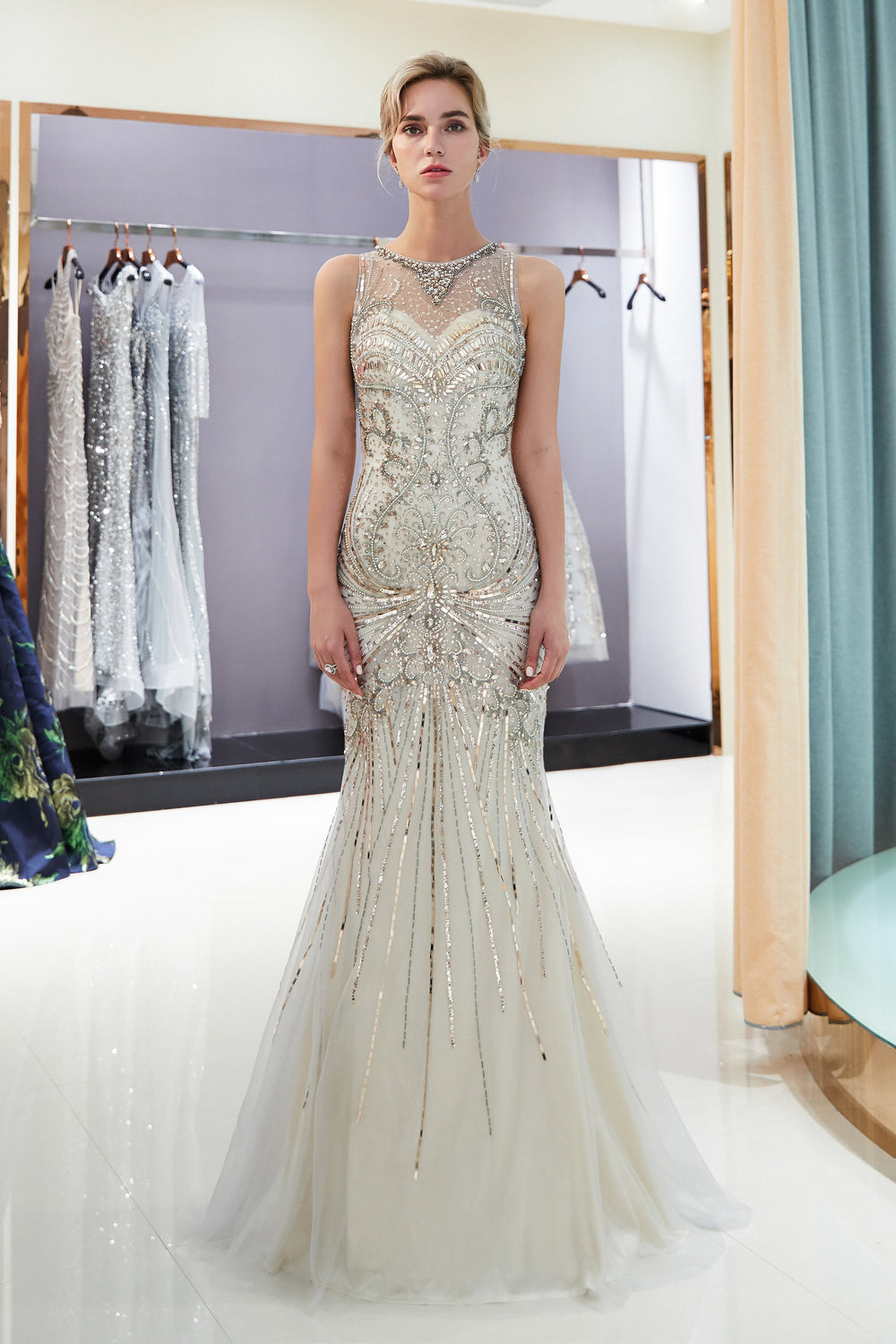 Sparkly Beaded Empire Round Sleeveless Mermaid Prom Dress