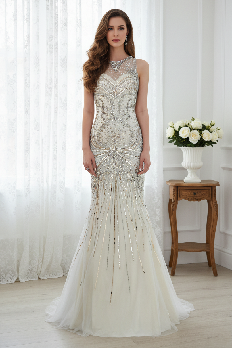 Sparkly Beaded Empire Round Sleeveless Mermaid Prom Dress