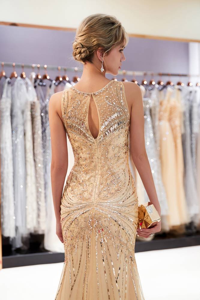 Sparkly Beaded Empire Round Sleeveless Mermaid Prom Dress