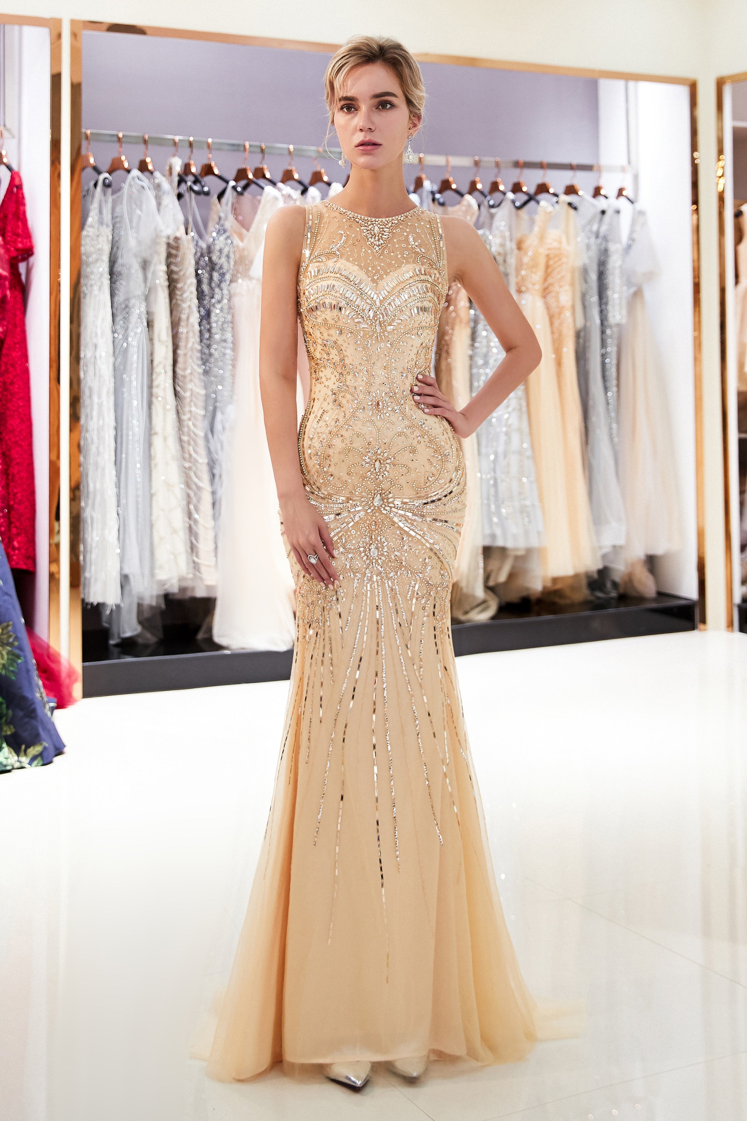 Sparkly Beaded Empire Round Sleeveless Mermaid Prom Dress