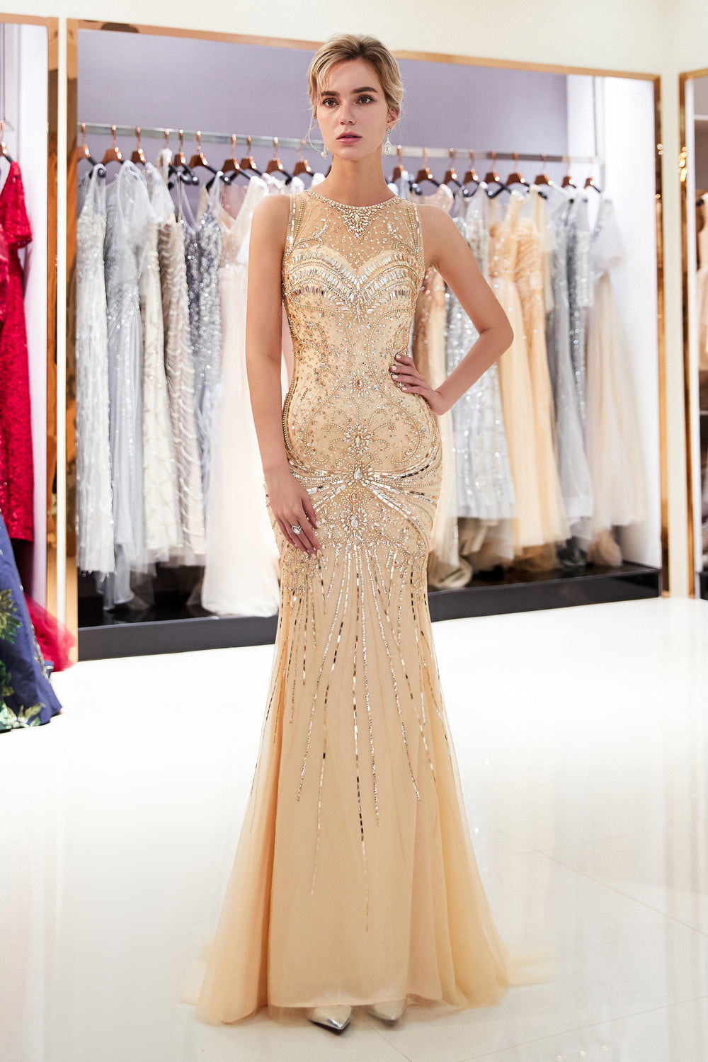 Sparkly Beaded Empire Round Sleeveless Mermaid Prom Dress