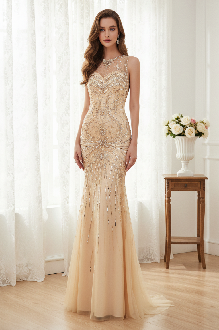 Sparkly Beaded Empire Round Sleeveless Mermaid Prom Dress