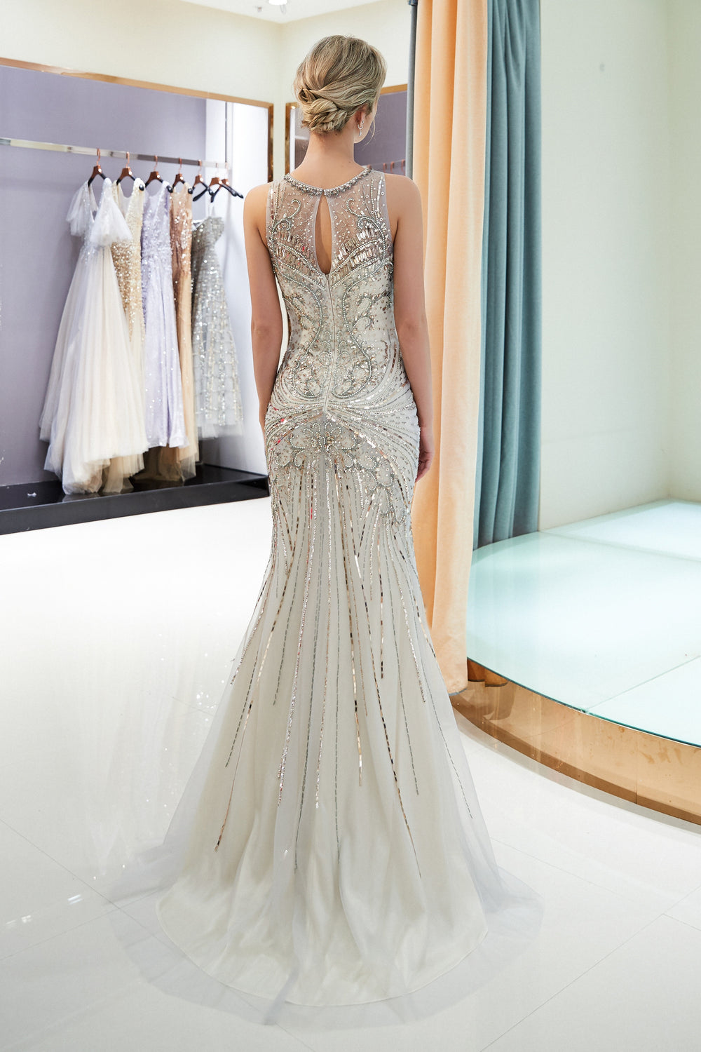 Sparkly Beaded Empire Round Sleeveless Mermaid Prom Dress