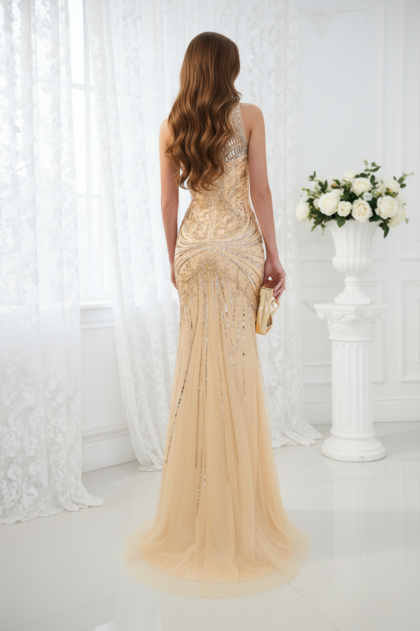 Sparkly Beaded Empire Round Sleeveless Mermaid Prom Dress