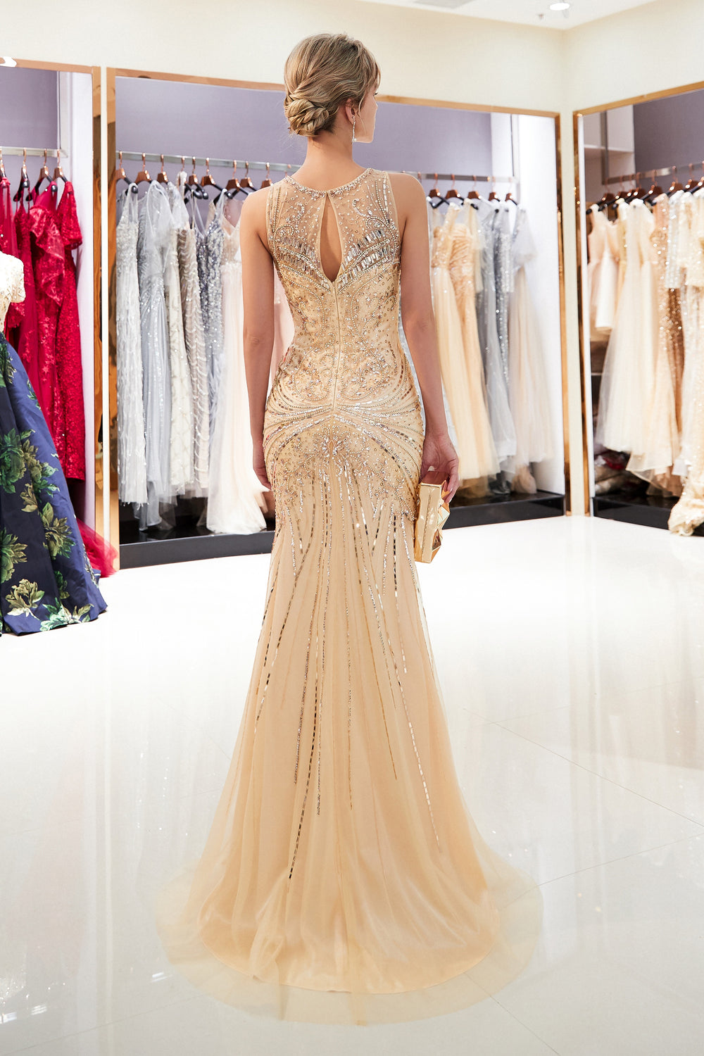 Sparkly Beaded Empire Round Sleeveless Mermaid Prom Dress