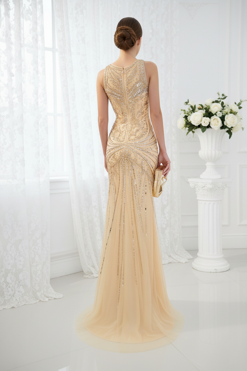 Sparkly Beaded Empire Round Sleeveless Mermaid Prom Dress