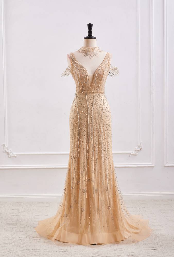 Sparkly High Neck Open Back Mermaid Beaded Party Prom Dress