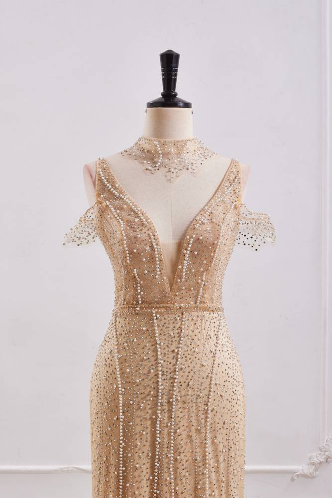 Sparkly High Neck Open Back Mermaid Beaded Party Prom Dress