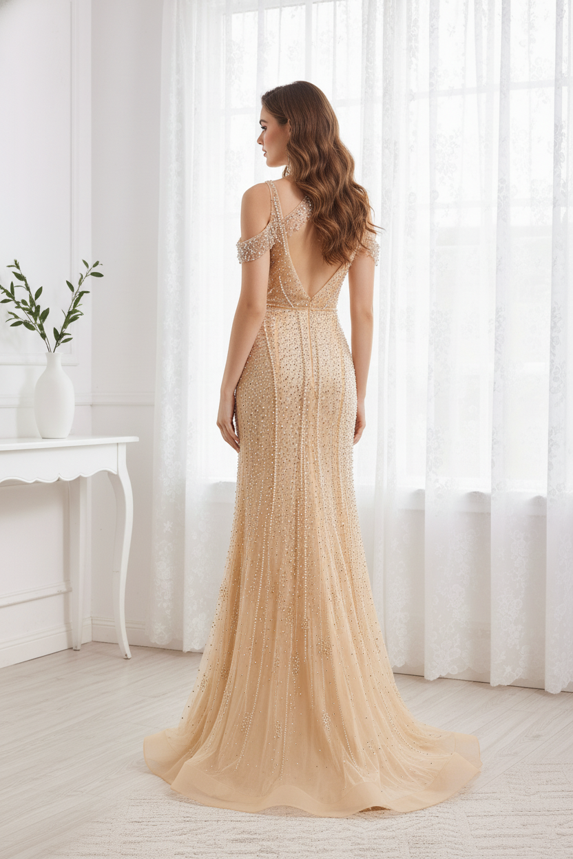 Sparkly High Neck Open Back Mermaid Beaded Party Prom Dress