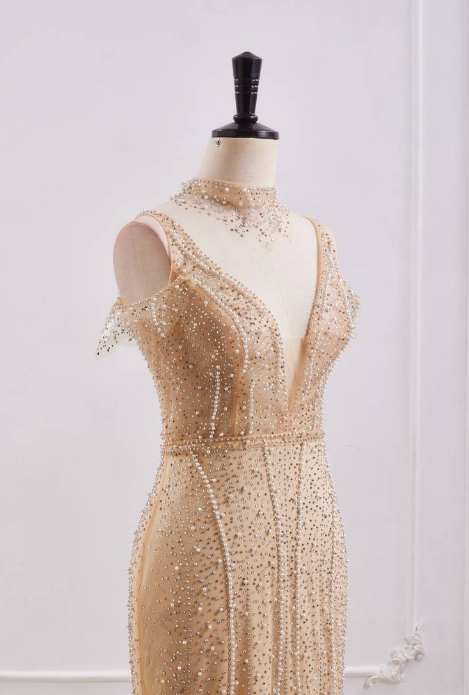 Sparkly High Neck Open Back Mermaid Beaded Party Prom Dress