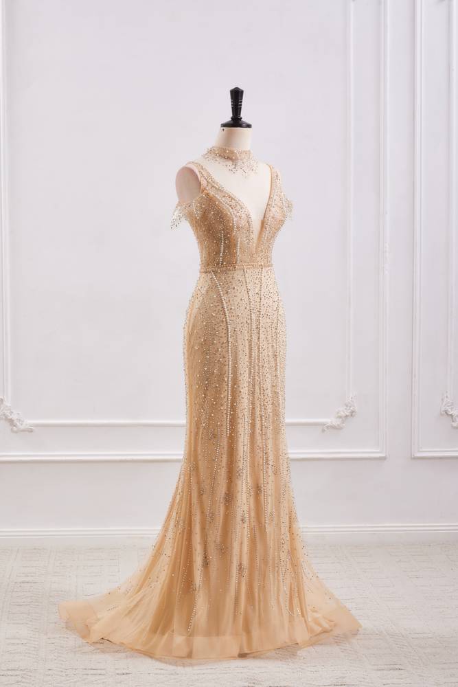 Sparkly High Neck Open Back Mermaid Beaded Party Prom Dress