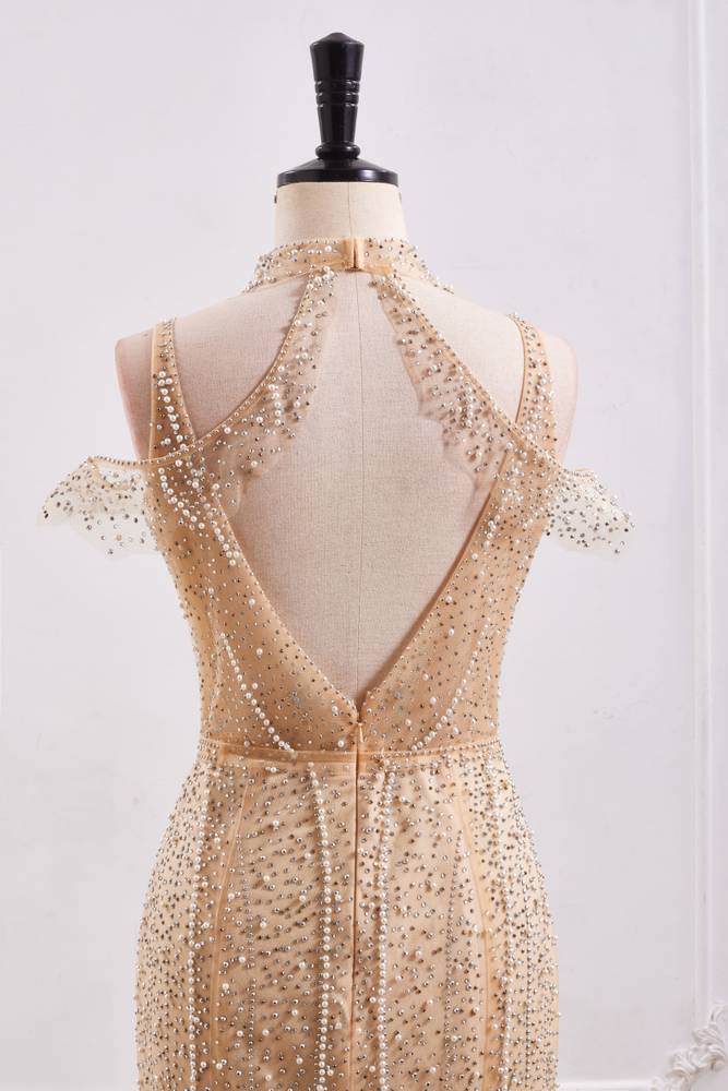 Sparkly High Neck Open Back Mermaid Beaded Party Prom Dress