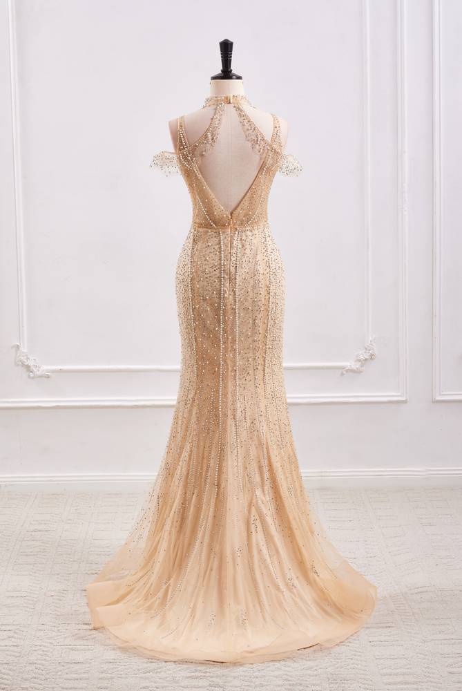 Sparkly High Neck Open Back Mermaid Beaded Party Prom Dress