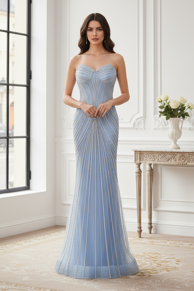 Sparkly Mermaid Empire Long Party Prom Dress With Detachable Shawl 