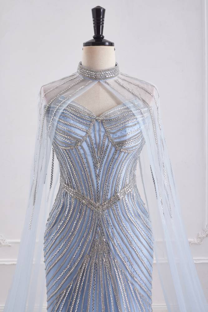 Sparkly Mermaid Empire Long Party Prom Dress With Detachable Shawl 