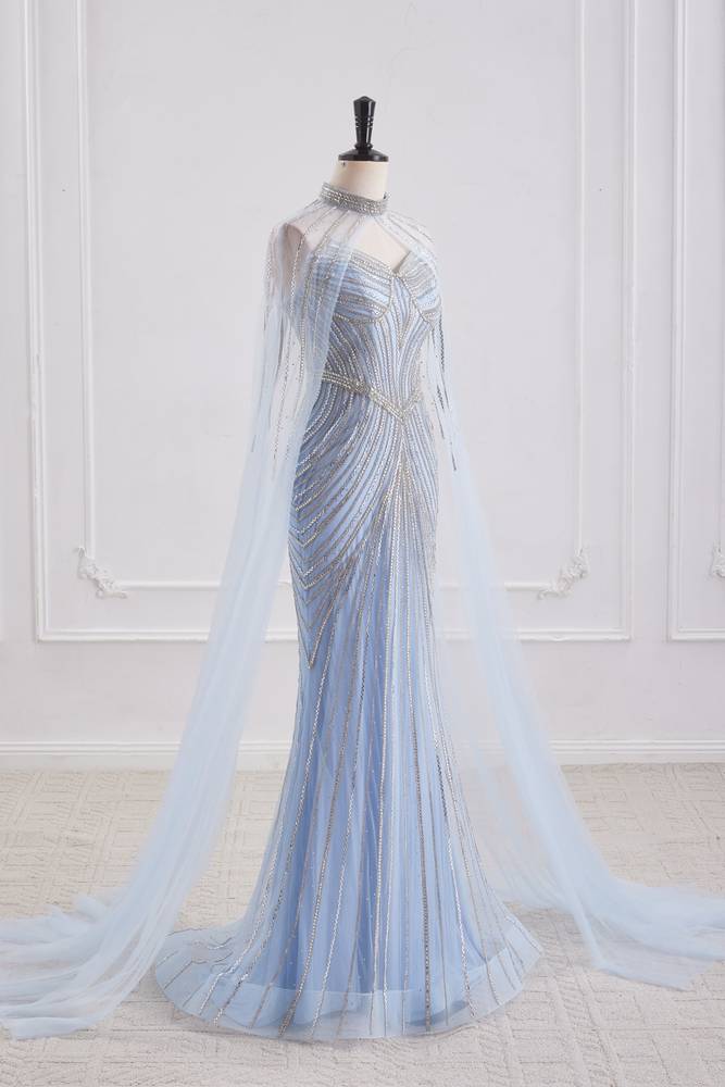 Sparkly Mermaid Empire Long Party Prom Dress With Detachable Shawl 