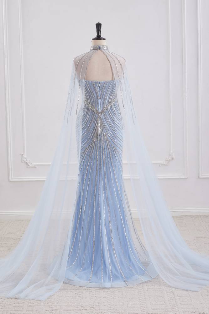 Sparkly Mermaid Empire Long Party Prom Dress With Detachable Shawl 