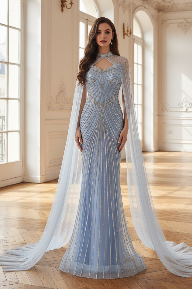 Sparkly Mermaid Empire Long Party Prom Dress With Detachable Shawl 