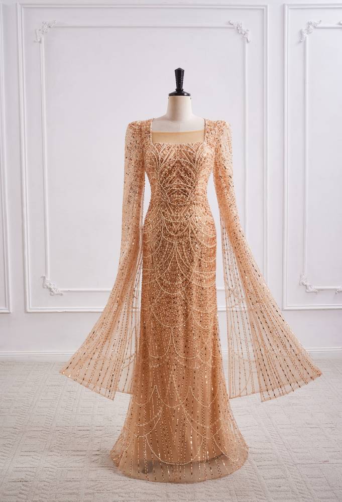 Sparkly Square Long Sleeves Fully Sequin And Beaded Mermaid Prom Dress 