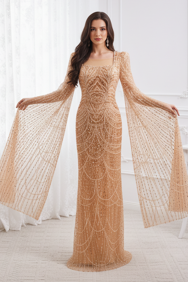 Sparkly Square Long Sleeves Fully Sequin And Beaded Mermaid Prom Dress 