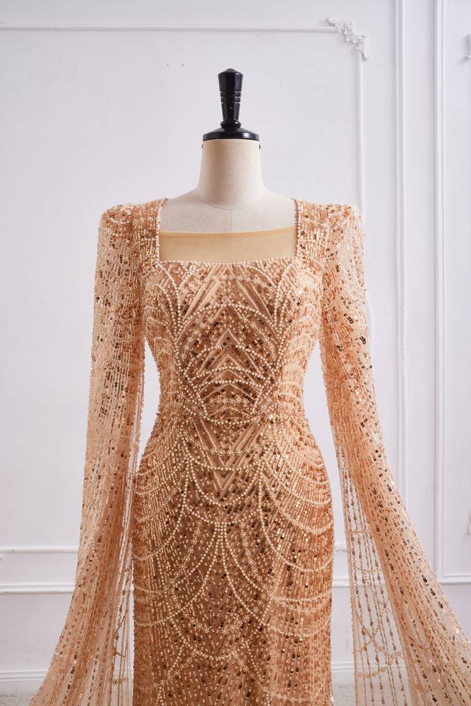 Sparkly Square Long Sleeves Fully Sequin And Beaded Mermaid Prom Dress 