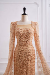 Sparkly Square Long Sleeves Fully Sequin And Beaded Mermaid Prom Dress 