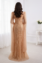 Sparkly Square Long Sleeves Fully Sequin And Beaded Mermaid Prom Dress 