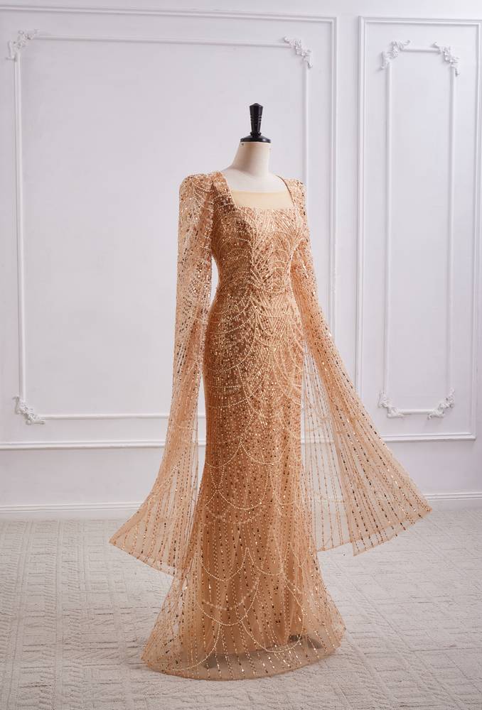 Sparkly Square Long Sleeves Fully Sequin And Beaded Mermaid Prom Dress 