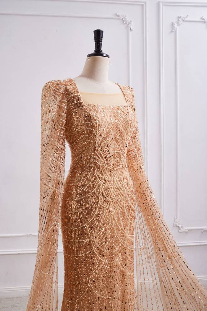 Sparkly Square Long Sleeves Fully Sequin And Beaded Mermaid Prom Dress 