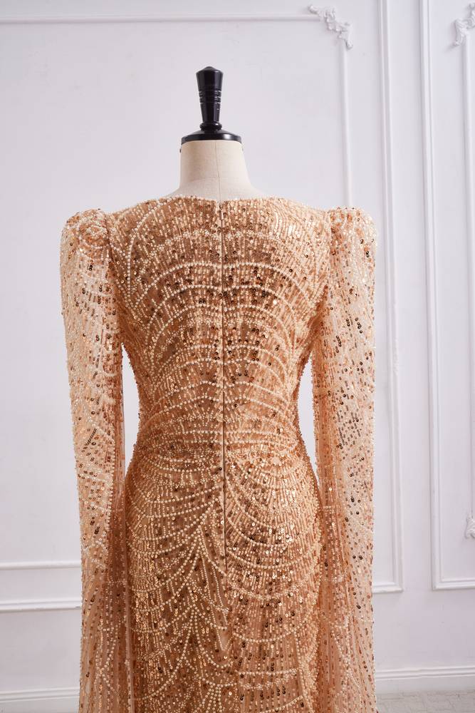 Sparkly Square Long Sleeves Fully Sequin And Beaded Mermaid Prom Dress 