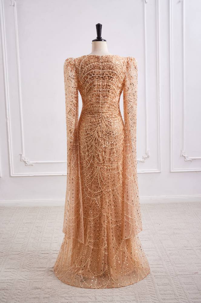 Sparkly Square Long Sleeves Fully Sequin And Beaded Mermaid Prom Dress 