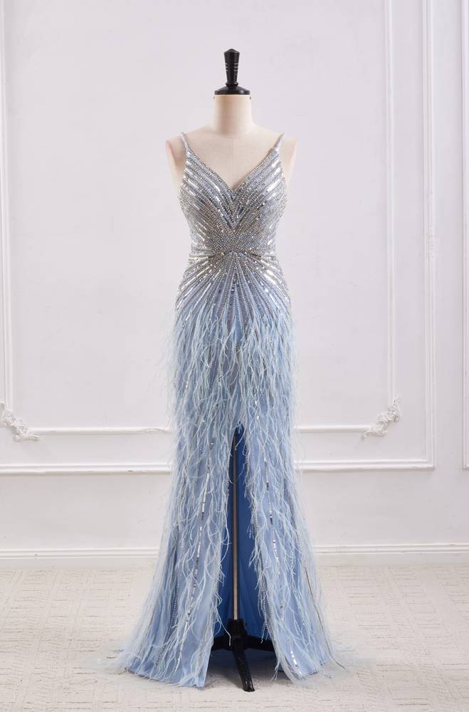 Sparkly V-Neck Backless Mermaid Prom Dress With Beaded And Feathers