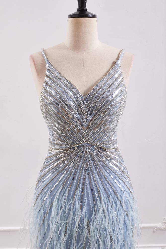 Sparkly V-Neck Backless Mermaid Prom Dress With Beaded And Feathers